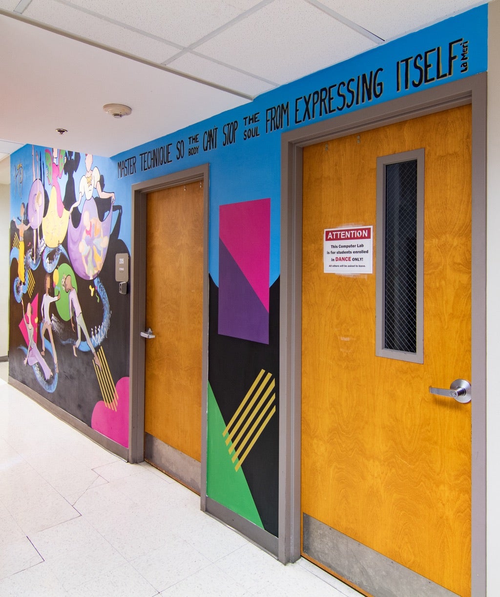 Dance mural with adjacent doorways