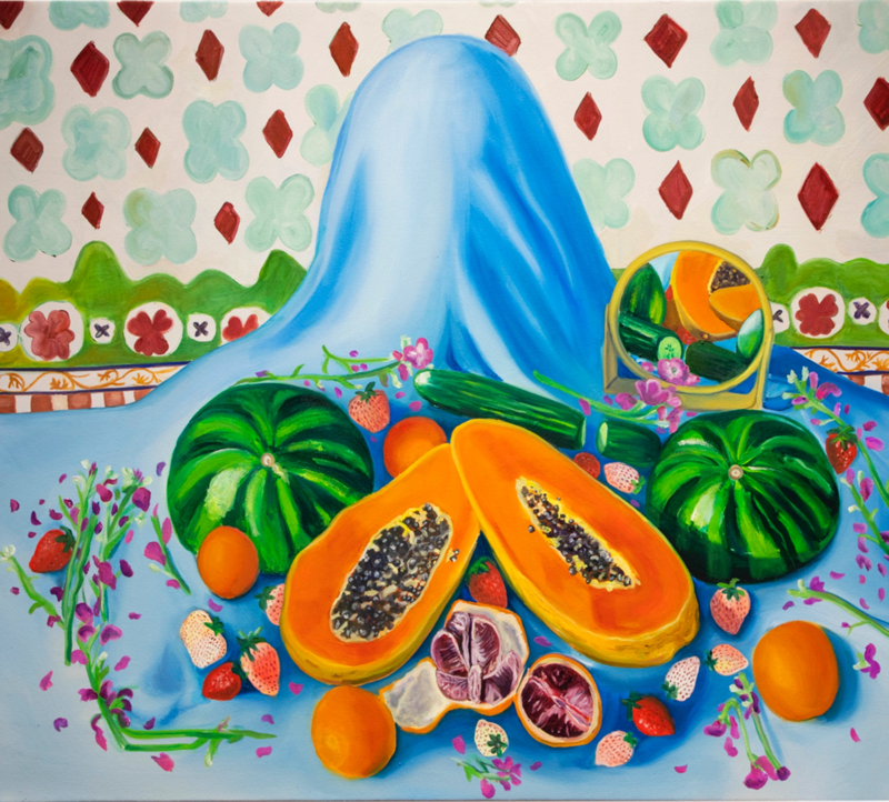 A still life with melons and papayas on a blue cloth