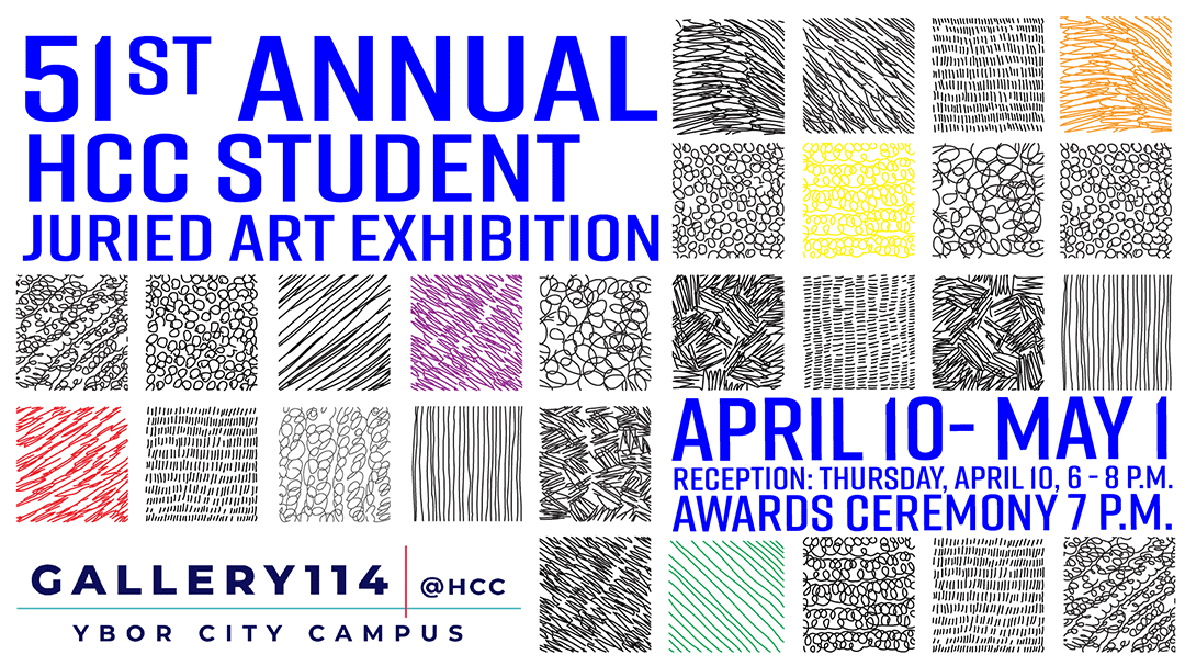 Poster for the 51st Annual HCC Student Juried Art Exhibition with abstract patterns and event details.